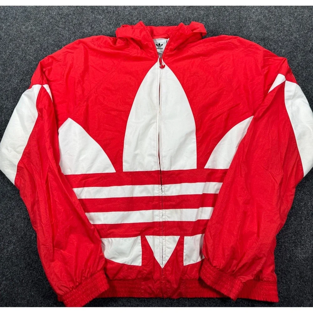 Adidas Originals Big Trefoil Windbreaker Jacket Mens M Red White Full Zip Hood
